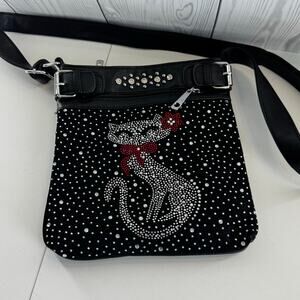 Exotic Cat Black Rhinestone Fun & Flirty Crossbody Purse Polka dot interior